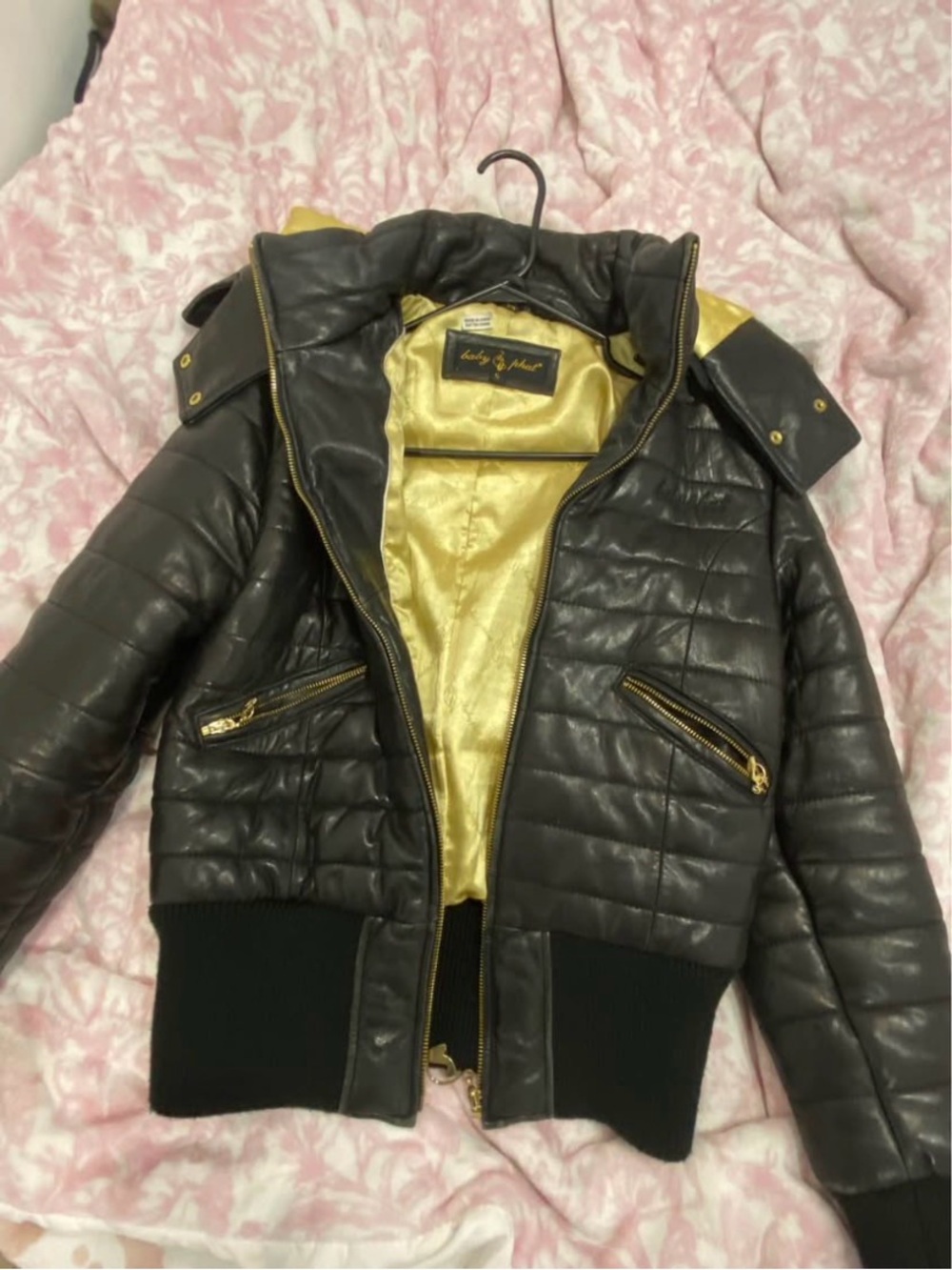 Baby Phat Black Quilted Leather Jacket with Gold Lining